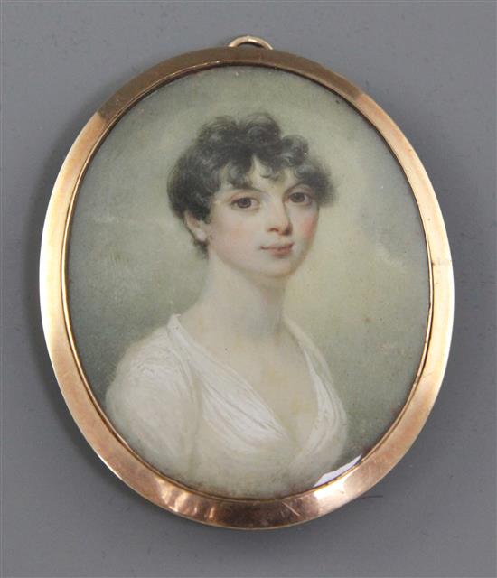 Attributed to George Chinnery (1774-1852) Miniature of a lady wearing a white dress 2.25 x 1.75in.